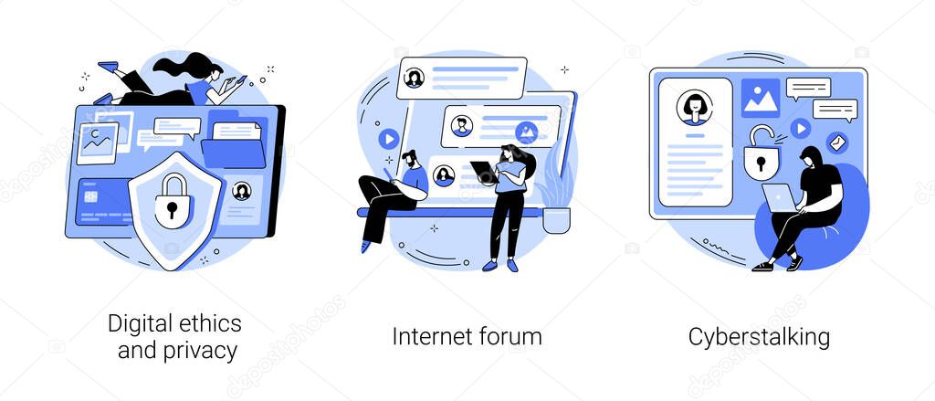 Internet privacy violation abstract concept vector illustration set. Digital ethics and privacy, Internet forum, cyberstalking, data protection, user information, social media abstract metaphor.