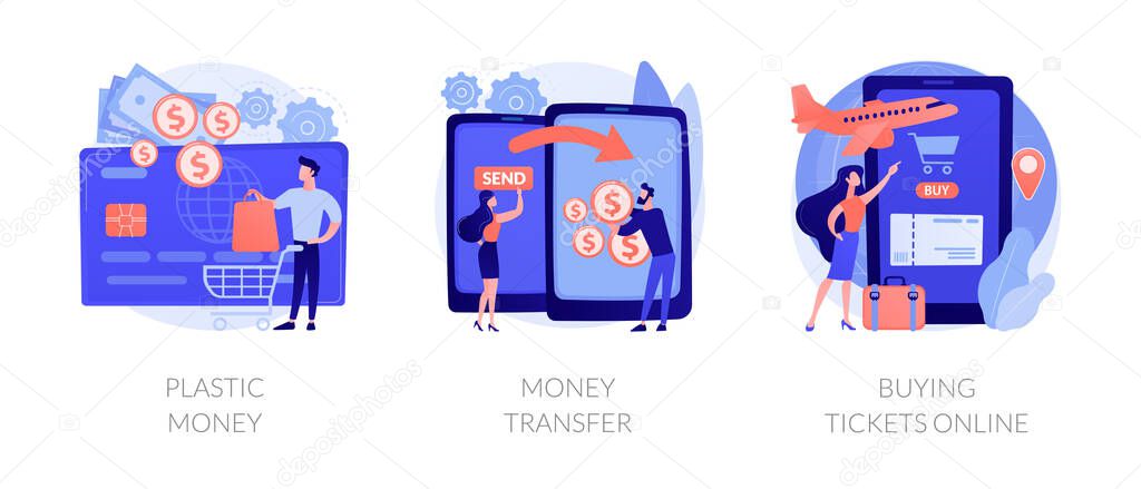 Electronic transactions abstract concept vector illustration set. Plastic money, money transfer, buying tickets online, credit and debit card, online cashback service, shopping abstract metaphor.