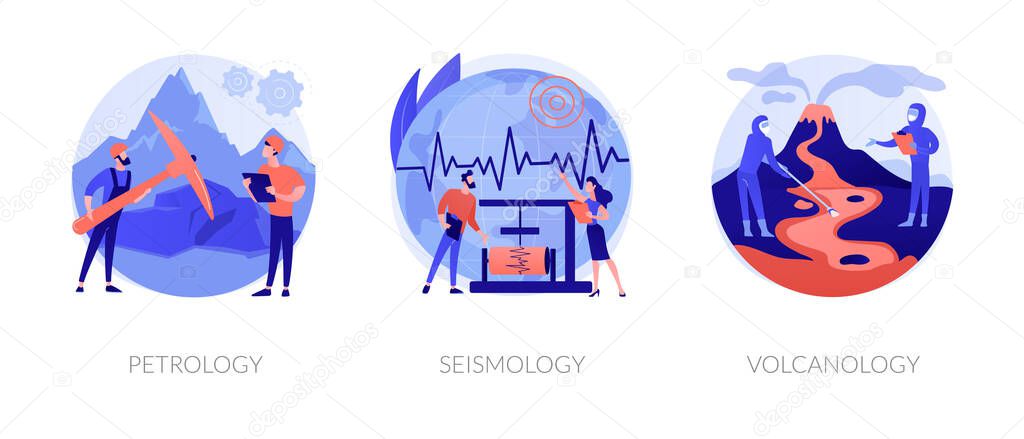 Geology science abstract concept vector illustration set. Petrology, seismology and volcanology, mineral, exploration, earthquake environmental effect, tectonic movement, Earth abstract metaphor.