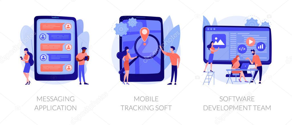 Smartphone application abstract concept vector illustration set. Messaging application, mobile tracking soft, software development team, chat app, gps tracking, outsource company abstract metaphor.