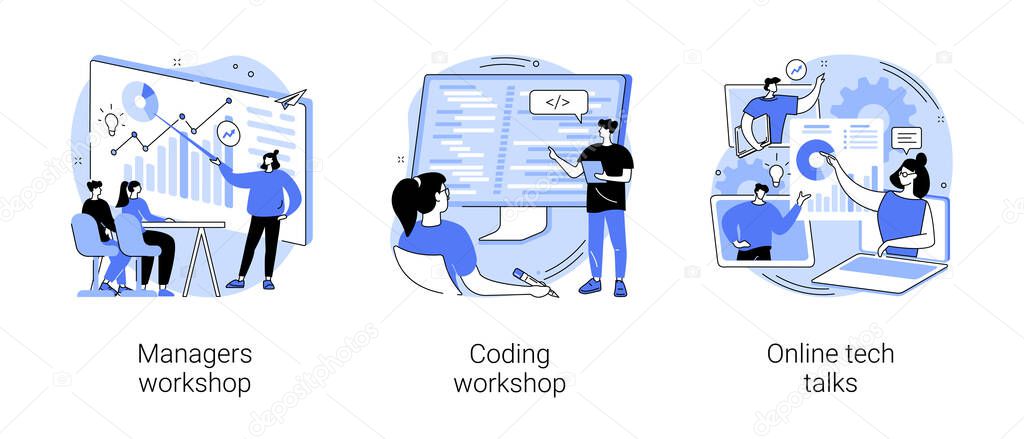 Employee skills training abstract concept vector illustration set. Managers and coding workshops, online tech talks, write code, software development, presentation, web session abstract metaphor.