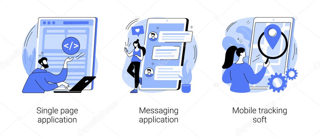 Web development abstract concept vector illustration set. Single page application, messaging application, mobile tracking soft, web page, responsive website, chat app, gps tracking abstract metaphor.
