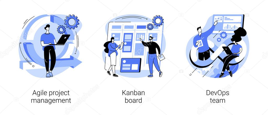 Software development company abstract concept vector illustration set. Agile project management, kanban board, devOps team, scrum meeting, project life cycle, stakeholder, testing abstract metaphor.