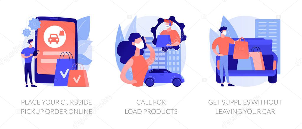 Curbside pickup abstract concept vector illustration set. Place your order online, call for load products, get supplies without leaving your car, safe grocery pick-up, quickservice abstract metaphor.