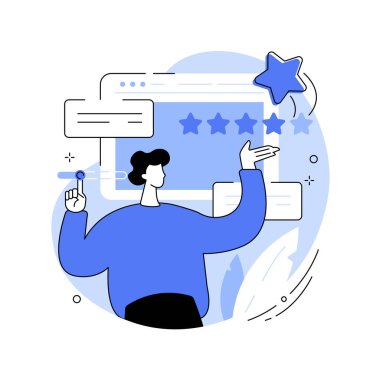 Kullanıcı geribildirimi ve web sitesi dereceli soyut konsept vektör çizimi. Müşteri geribildirimi, gözden geçirme web sitesi, ticari olmayan ürün değerlendirmesi, derecelendirme servisi, paylaşım deneyimi soyut metafor.
