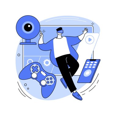 Akıllı TV aksesuarları soyut konsept vektör illüstrasyonu. Kablosuz aksesuarlar, akıllı TV uygulaması, etkileşimli eğlence, oyun araçları, ev sinema aleti, ses sistemi soyut metaforu.