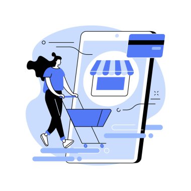 Çevrimiçi alışveriş soyut konsept vektör çizimi. E-ticaret platformu, çevrimiçi alışveriş sitesi, İnternet mağazası, mobil uygulama, dijital ürün kataloğu, mal teslimatı soyut metaforu.