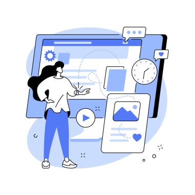 Sosyal medya yönetimi soyut konsept vektör çizimi. SMM stratejisi, dijital pazarlama aracı, sosyal medya platformlarında online varlık, kullanıcı bağlılığı ve soyut etkileşim metaforu.
