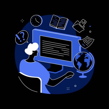 Dijital öğrenme soyut konsept vektör çizimi. Dijital uzaklık eğitimi, elearning, ters çevrilmiş akıllı sınıf, eğitim kursları, çevrimiçi öğretim, video çağrısı, ev ofisi karanlık mod metaforu.