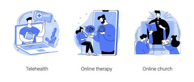 Dijital danışmanlık ve soyut konsept vektör illüstrasyon seti. TeleHealth, online terapi ve kilise, sosyal uzaklık, ibadet hizmetleri, sosyal uzaklık kabulü soyut metafor.