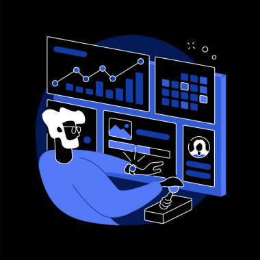 Sosyal medya gösterge paneli soyut konsept vektör çizimi. Pazarlama arayüzü, sosyal medya metrikleri, takvim gönderimi, çevrimiçi dijital kampanya, resim tabanlı içerik takvimi koyu mod metaforu.