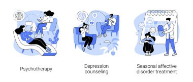 Zihinsel sağlık soyut konsept vektör çizimi seti. Psikoterapi, depresyon danışmanlığı, mevsimsel duygusal bozukluk tedavisi, davranış bilişsel terapisi, özel oturum soyut metaforu..