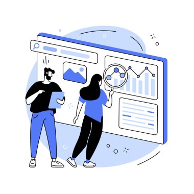 SEO Analiz Ekibi soyut konsept vektör çizimi. SEO optimizasyonu, çevrimiçi internet tanıtımı, arama motoru görünürlüğü, içerik pazarlaması, analitik araçlar ve soyut metafor.