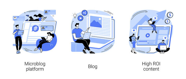Социальные сети маркетинга абстрактные концепции векторные иллюстрации набор. Microblog платформа, блог и высокое содержание ROI, влиятельный, продвижение бренда, последователи и подписки, вирусное содержание абстрактной метафоры.