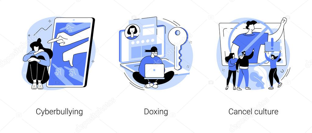 Internet harassment abstract concept vector illustration set. Cyberbullying and doxing, cancel culture, private content, celebrity shaming, hacker attack, social media boycott abstract metaphor.