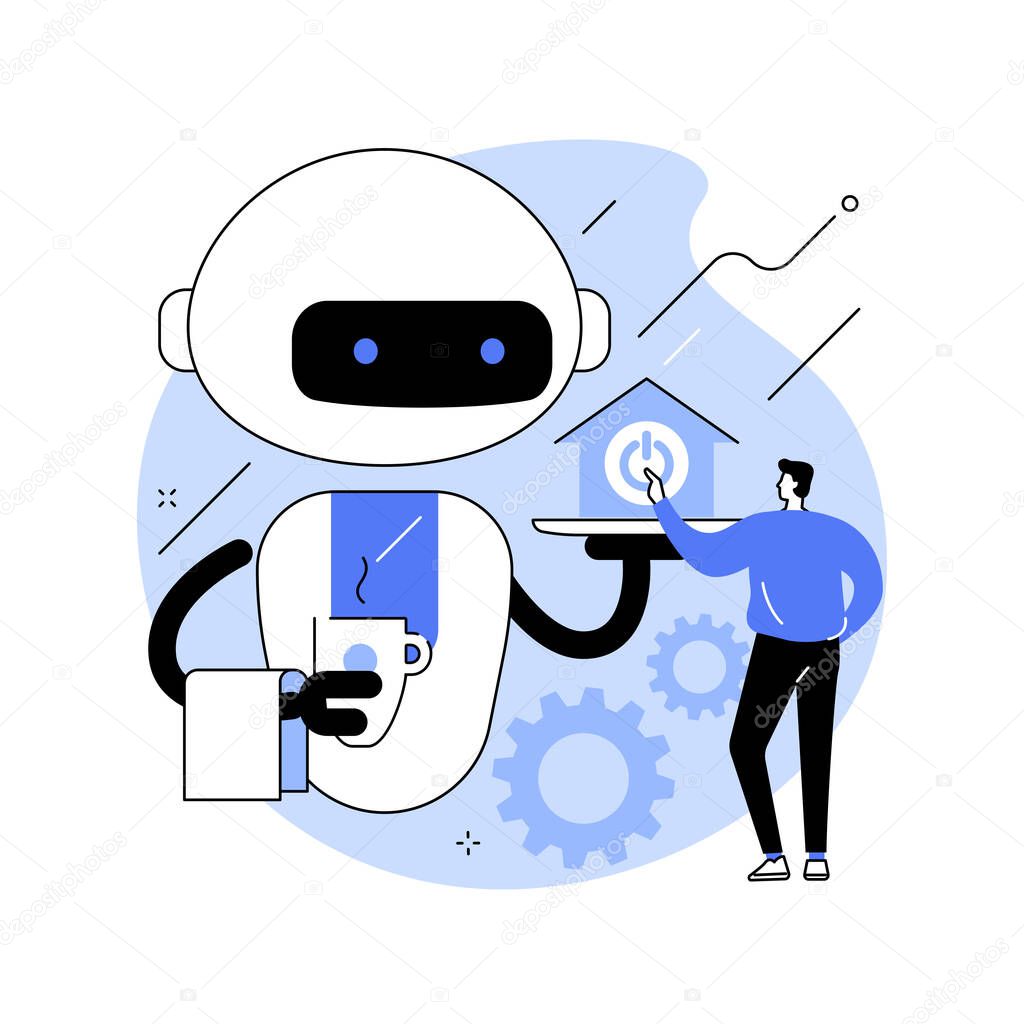 Home robot technology abstract concept vector illustration. service robotics, real life robots, personal domestic helper, automotive household chores, human effort replacement abstract metaphor.