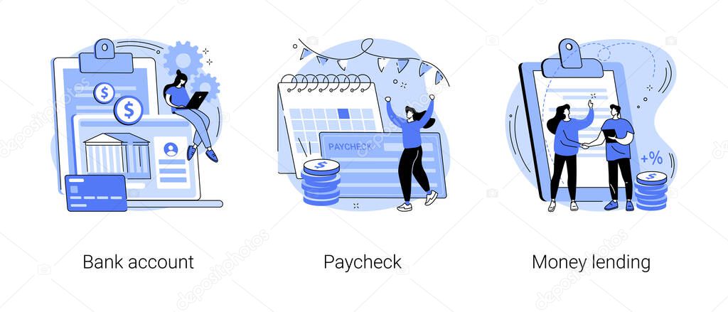 Money transfer abstract concept vector illustration set. Bank account, paycheck, money lending, online banking, savings deposit, payroll, bank credit card details, abstract metaphor.