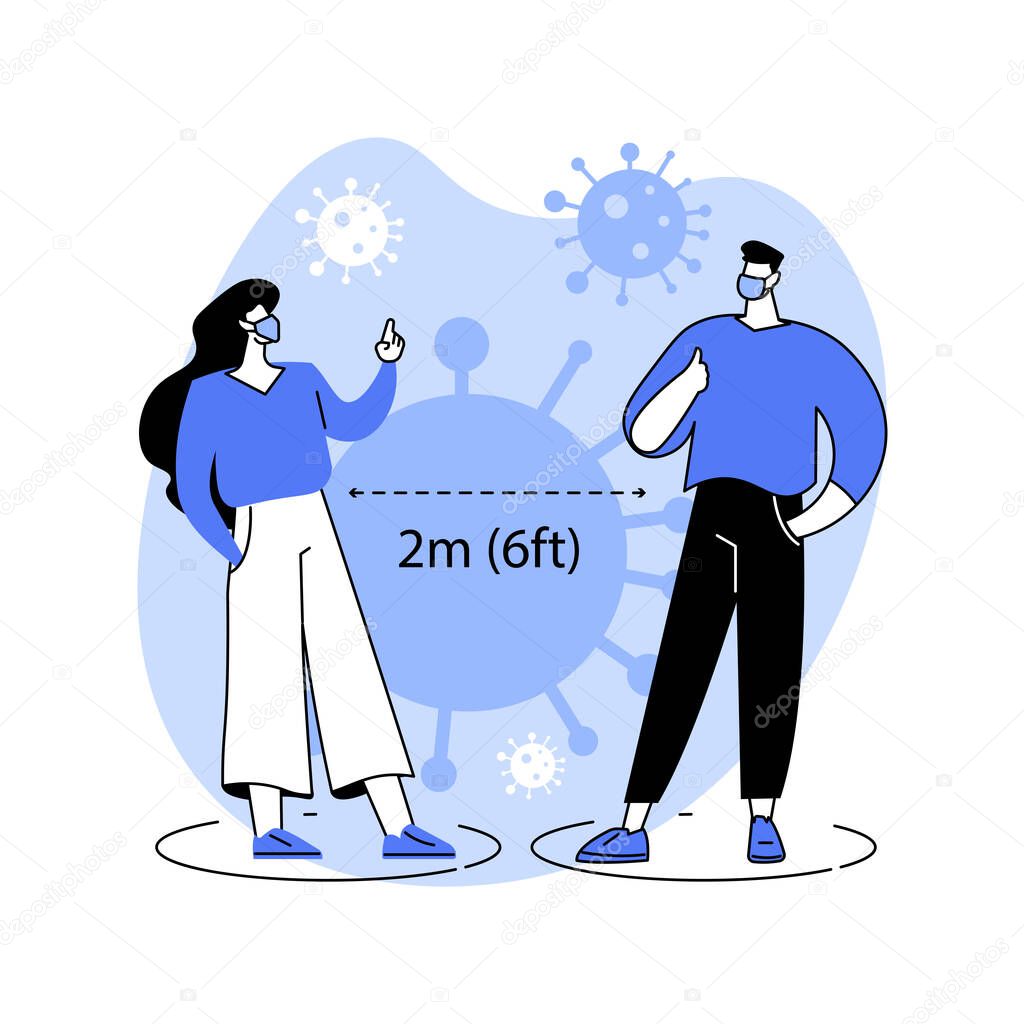 Keep distance abstract concept vector illustration. Social distancing, prevent virus spread, self protection measures, wear mask, emergency state, distance working, home office abstract metaphor.