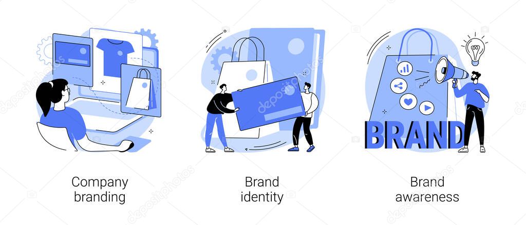 Brand management abstract concept vector illustration set. Company branding, brand identity and awareness, visual identity, website and social media, business card, logo template abstract metaphor.