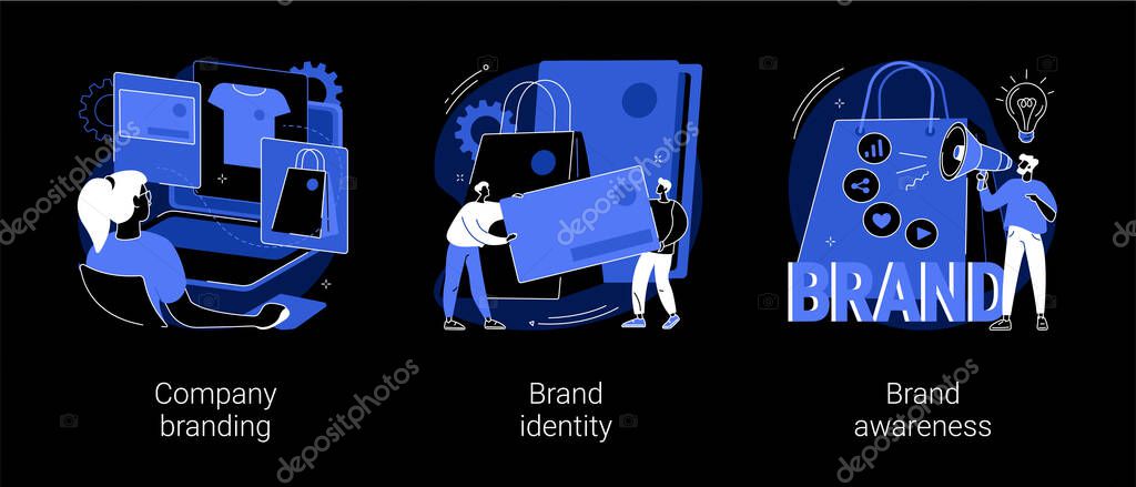 Brand management abstract concept vector illustrations. Company branding, brand identity and awareness, visual identity, website and social media, business card, logo template dark mode metaphor.