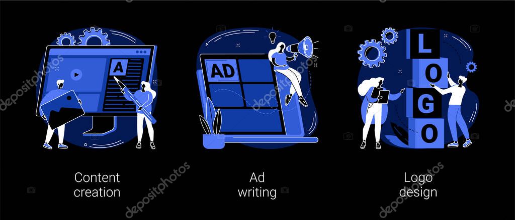 Digital marketing copywriting abstract concept vector illustrations. Content creation, ad writing, logo design, blog post, social media, company website, viral content, client dark mode metaphor.