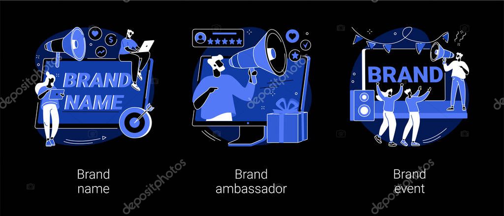 Business reputation building abstract concept vector illustrations. Brand name, brand event ambassador, naming agency, trademark media figure, public relation, sponsored event dark mode metaphor.