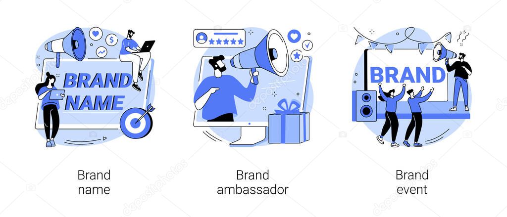 Business reputation building abstract concept vector illustration set. Brand name, brand event ambassador, naming agency, trademark media figure, public relation, sponsored event abstract metaphor.