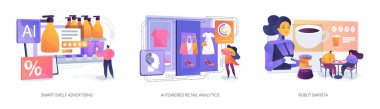 AI Geliştirme Perakende ve Hizmet soyut konsept vektör çizimi seti. AI akıllı reklamlara güç verir, perakende trendleri izler ve robotik verimlilikle kişiselleştirilmiş kahve yapar. soyut metafor.