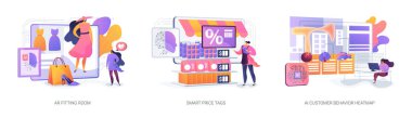 Akıllı Perakende Teknolojisi soyut konsept vektör illüstrasyon seti. AR aynaları sanal deneyleri, dinamik etiketleri güncelleme fiyatlarını ve ısı haritaları alışveriş yoğunluğunu sağlar. soyut metafor.