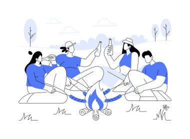 İzole edilmiş çizgi film çizimleri üzerinde yemek pişirmek. Bir grup arkadaş açık ateşte barbekü yapar, insanlar yaşam tarzı, birlikte seyahat, boş zaman, sohbet ve eğlenceli vektör karikatürü.