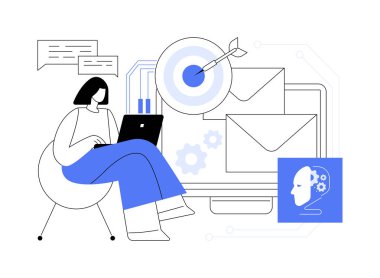 Al-Driven E- posta Kampanyası optimizasyonu soyut konsept vektör çizimi. AI hedeflenmiş e-posta kampanyalarını optimize etmek, e-posta pazarlama araçlarını soyut metafor kullanarak bağlantıyı geliştirmek.