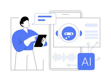 AI-Güçlü Ses Asistanları soyut konsept vektör illüstrasyonu. Ses yardımı, kullanıcı etkileşimi, iletişimin geliştirilmesi, ses araçları, etkileşimli metaforlar sağlayan yapay zeka.