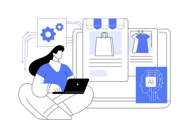 AI-güçlü E-ticaret, soyut konsept vektör illüstrasyonu. Kişiselleştirme ekomünikasyon deneyimleri, müşteri memnuniyeti, ekomünikasyon araçları, kişisel alışveriş soyut metaforu.