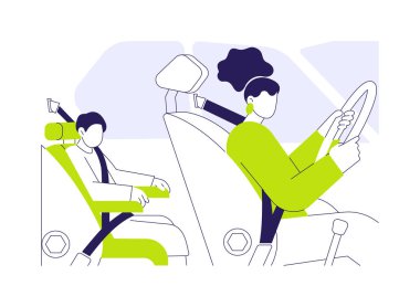 Soyut konsept vektör illüstrasyonlu çocuklarla araba sürmek. Annesi araba kullanırken, çocuk koltuğunda oturan gülümseyen küçük çocuk, kişisel ulaşım güvenliği, soyut metaforlarla direksiyon sallarken,.