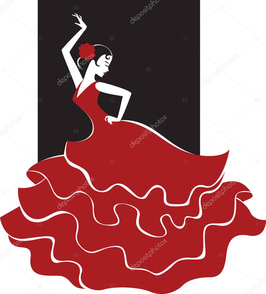 Young spanish girl in traditional dress dancing flamenco