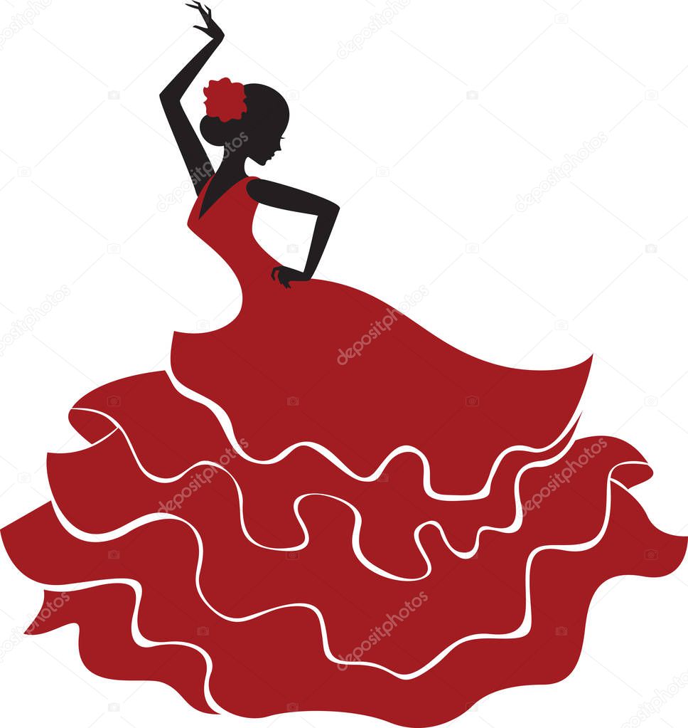 Silhouette of a young spanish girl in traditional dress dancing flamenco