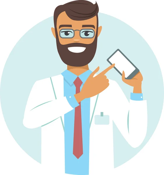 Young Doctor Pointing Smartphone Screen Cartoon Characte — Stock Vector