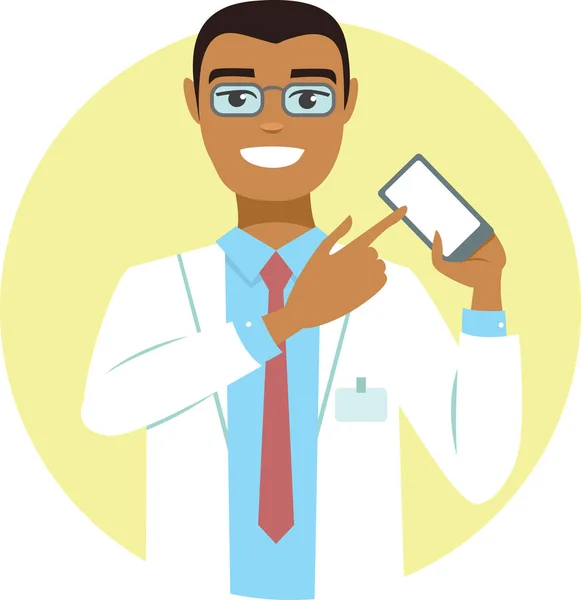 Joven Médico Apuntando Personaje Dibujos Animados Pantalla Smartphone — Vector de stock