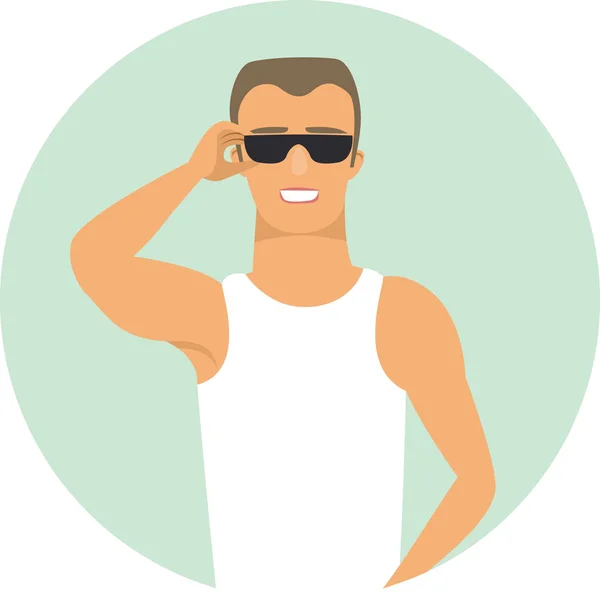 Pumped Sport Fitness Sexy Young Man Wearing Sunglasses Flat Vector — Stock Vector