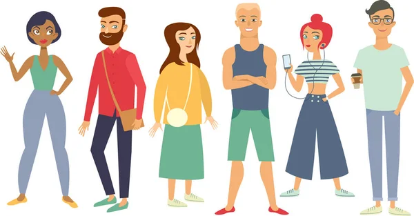 Grupo Multirracial Jóvenes Personajes Estilo Plano — Vector de stock