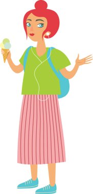 Mutlu kız hipster dondurma düz vektör karakter yeme