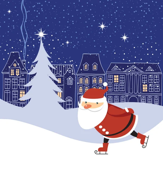 Santa Claus Skaitnig Blue Christmas Town Background — Stock Vector