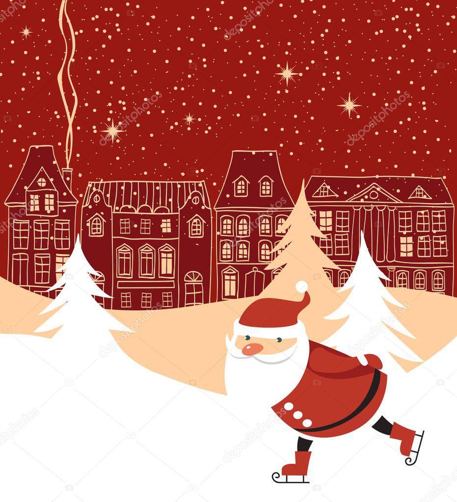 Santa Claus skaitnig over red Christmas town background