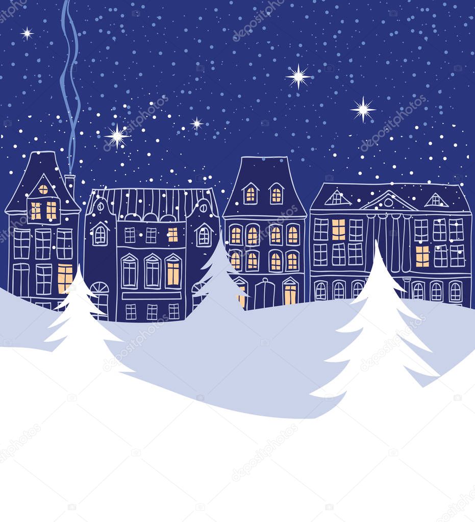 Winter city scene with old fashioned houses silhouettes and pine trees on foreground