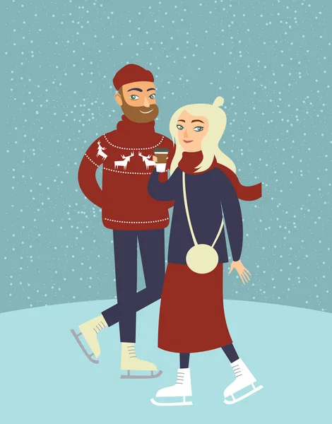 Young Hipster Couple Skating Outdoor Ice Rink — Stock Vector