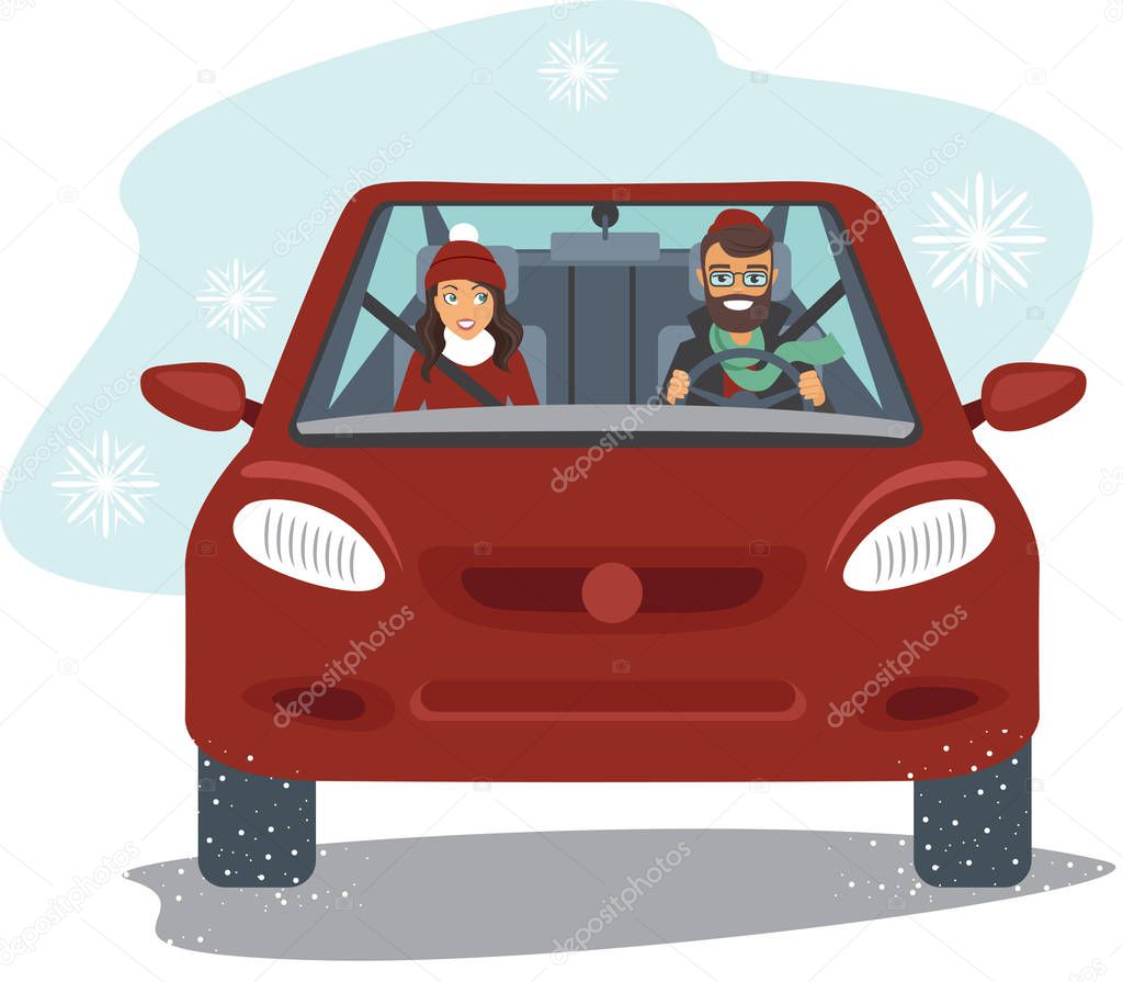 Happy couple in the red car in winter season flat vector