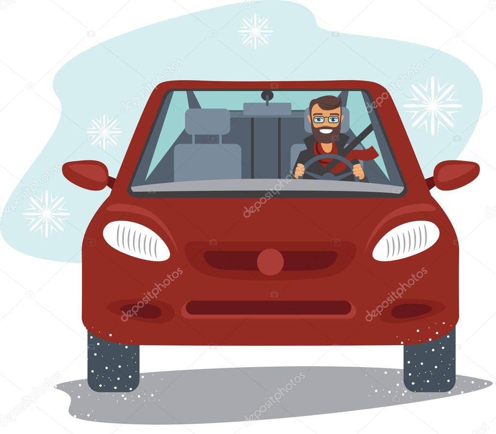 Happy young man driving the red car in winter season flat vector