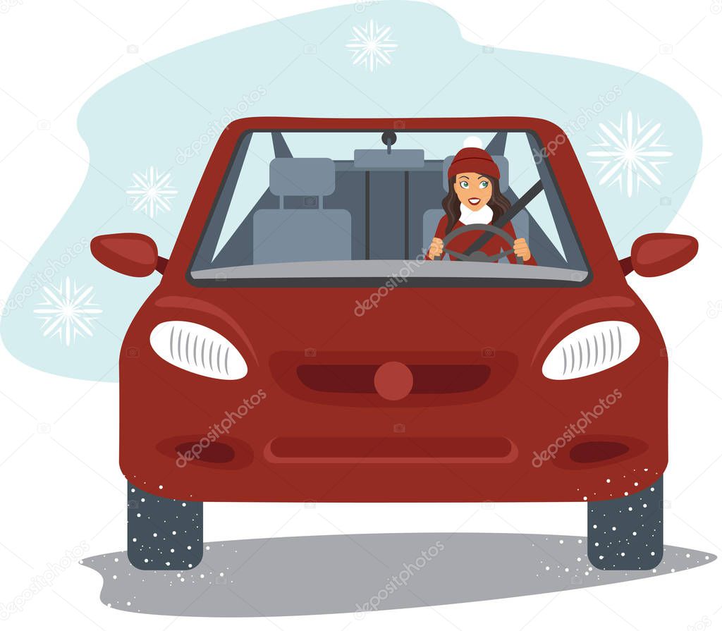 Happy young woman driving the red car in winter season flat vector