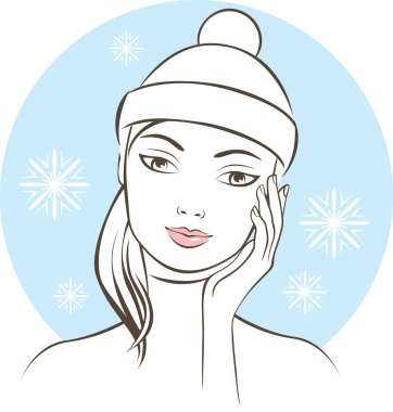 closeup contour portrait of young woman touching her face skin in winter season. Winter skin treatment concept clipart