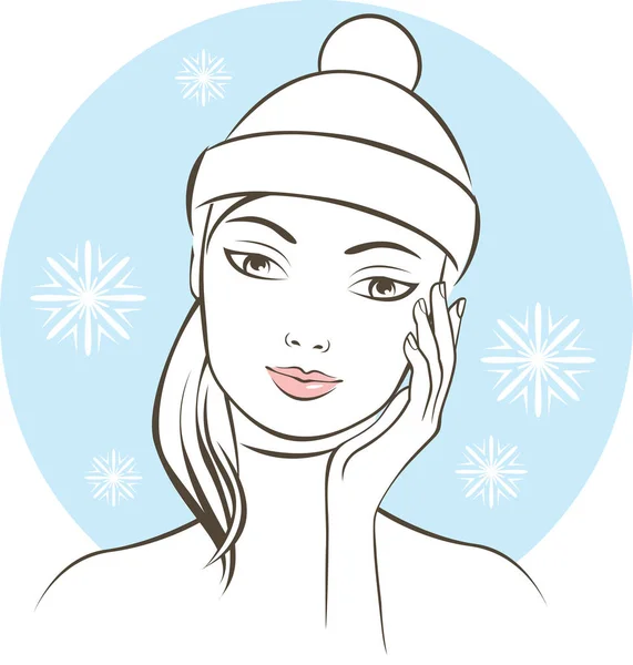 Closeup Contour Portrait Young Woman Touching Her Face Skin Winter — Stock Vector